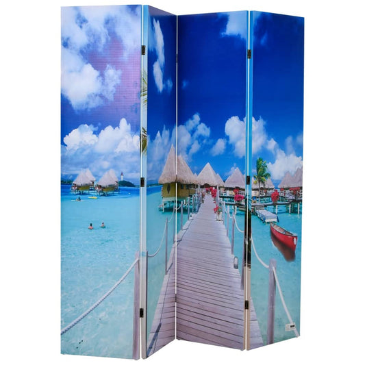 Beach-Themed Folding Room Divider, 160x170 cm, Beige Wood Finish
