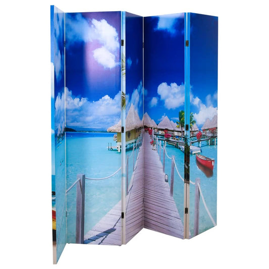 Stylish Beach-Themed Folding Room Divider 200x170cm - Natural Wood