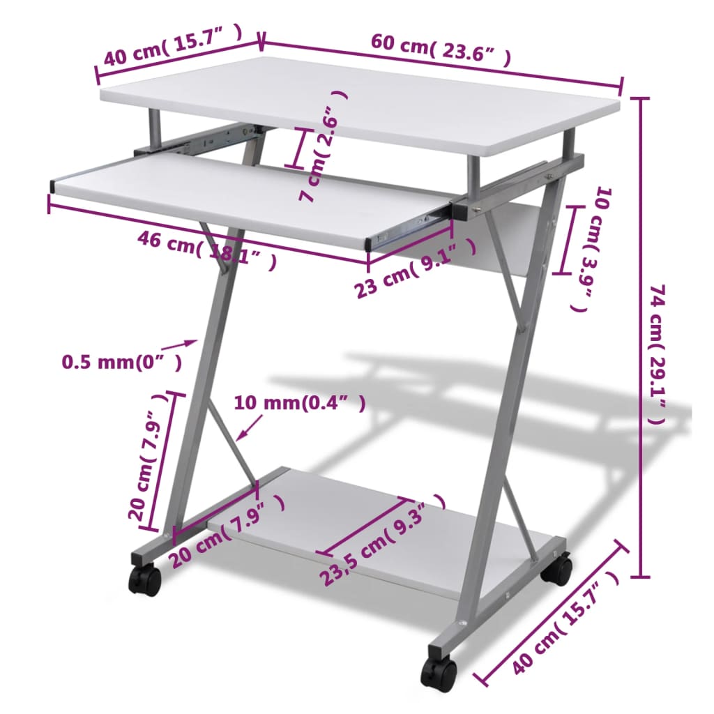 White Compact Computer Desk with Pull-out Keyboard Tray - Space Saver