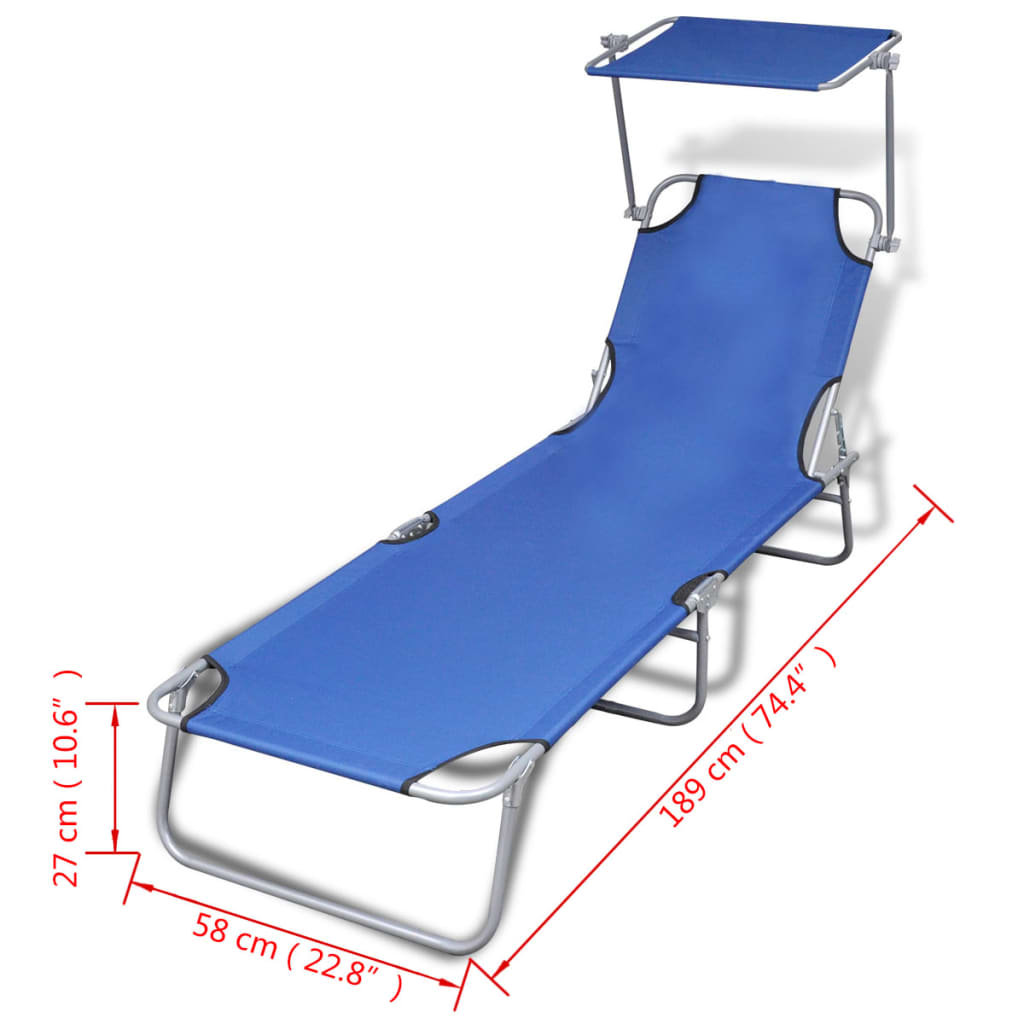 Blue Folding Sun Lounger with Canopy - Steel & Fabric Design