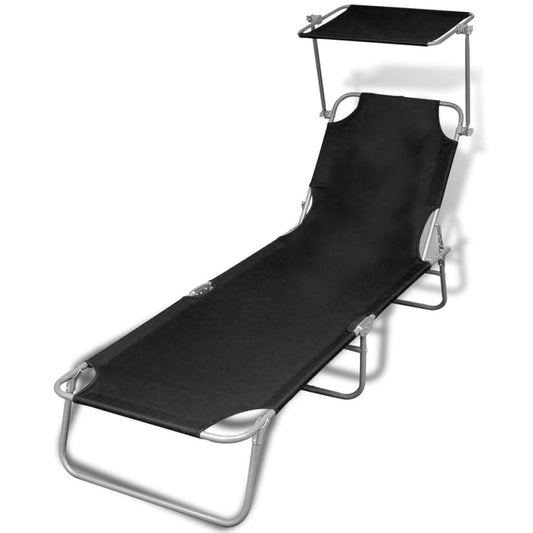 Black Steel & Fabric Folding Sun Lounger with Canopy