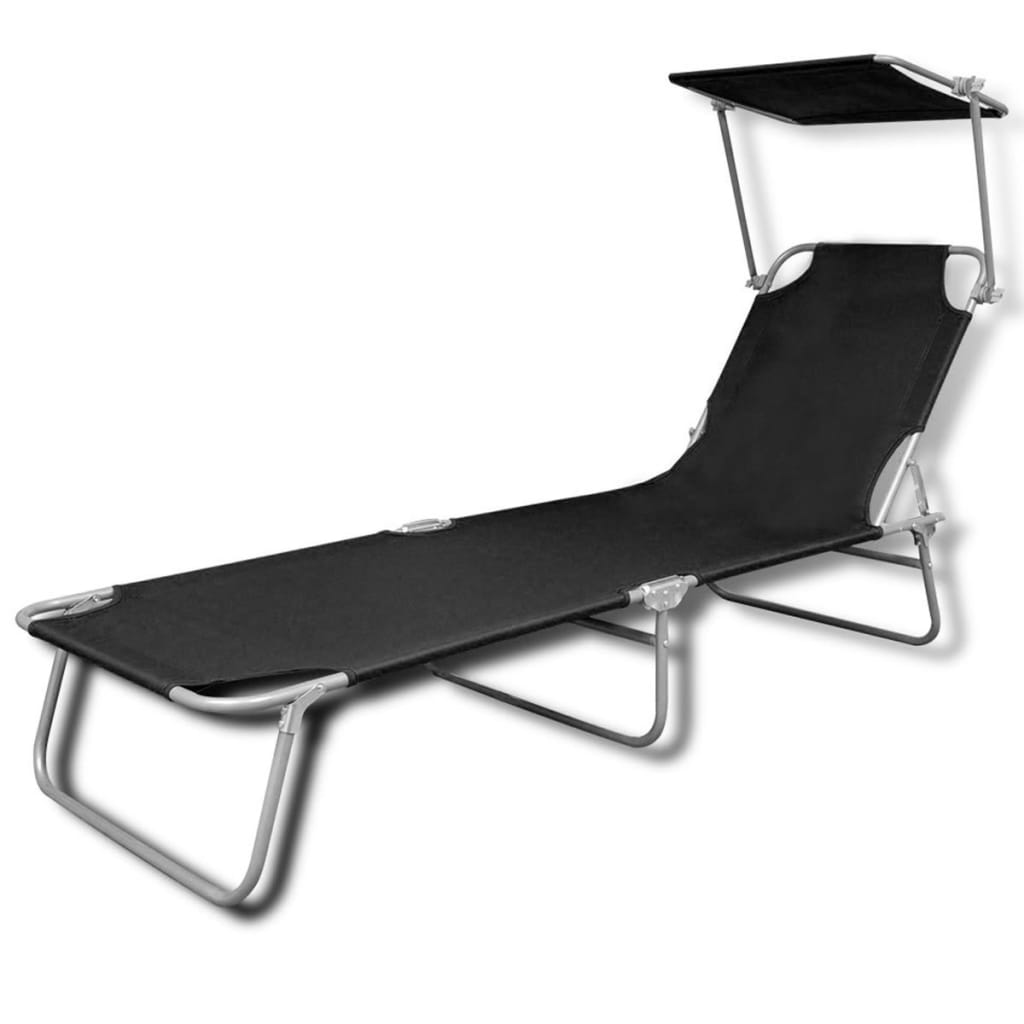 Black Steel & Fabric Folding Sun Lounger with Canopy