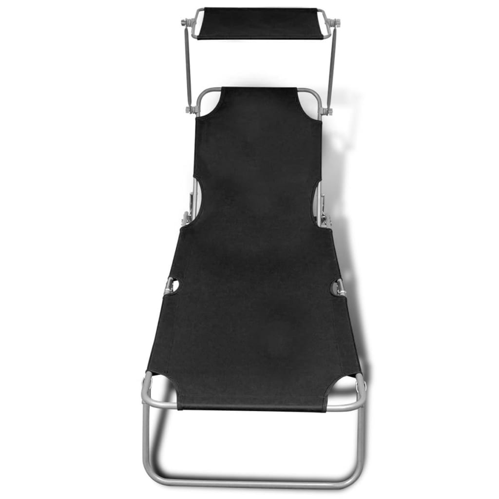 Black Steel & Fabric Folding Sun Lounger with Canopy