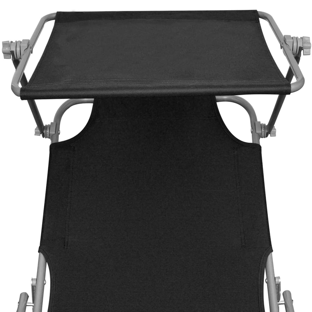 Black Steel & Fabric Folding Sun Lounger with Canopy