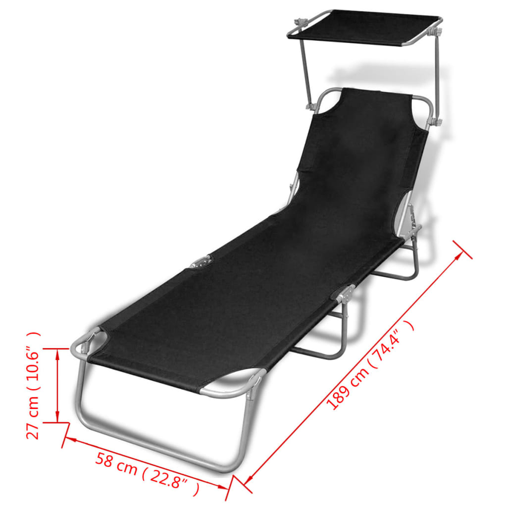 Black Steel & Fabric Folding Sun Lounger with Canopy