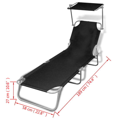 Black Steel & Fabric Folding Sun Lounger with Canopy