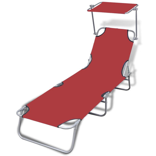 Red Steel & Fabric Folding Sun Lounger with Canopy