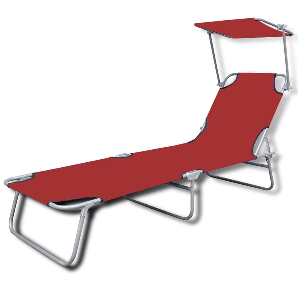 Red Steel & Fabric Folding Sun Lounger with Canopy