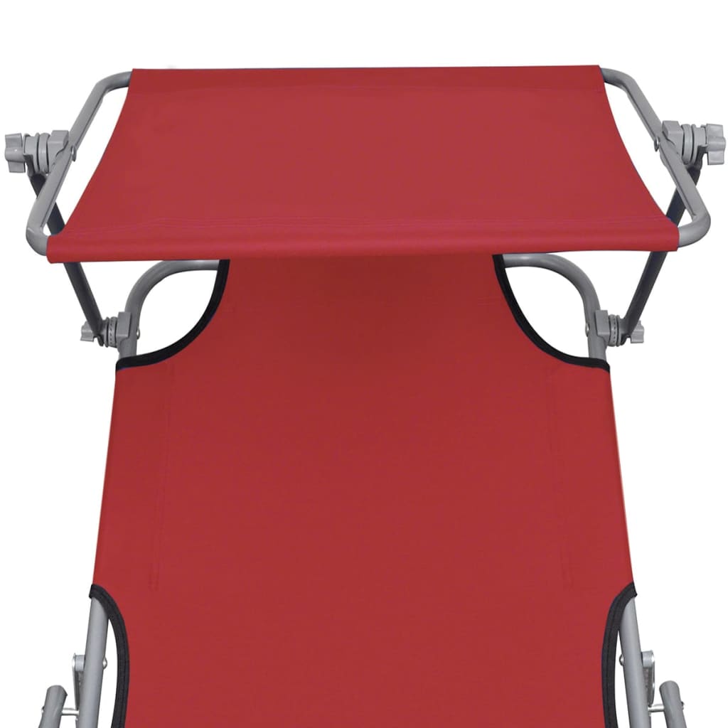 Red Steel & Fabric Folding Sun Lounger with Canopy
