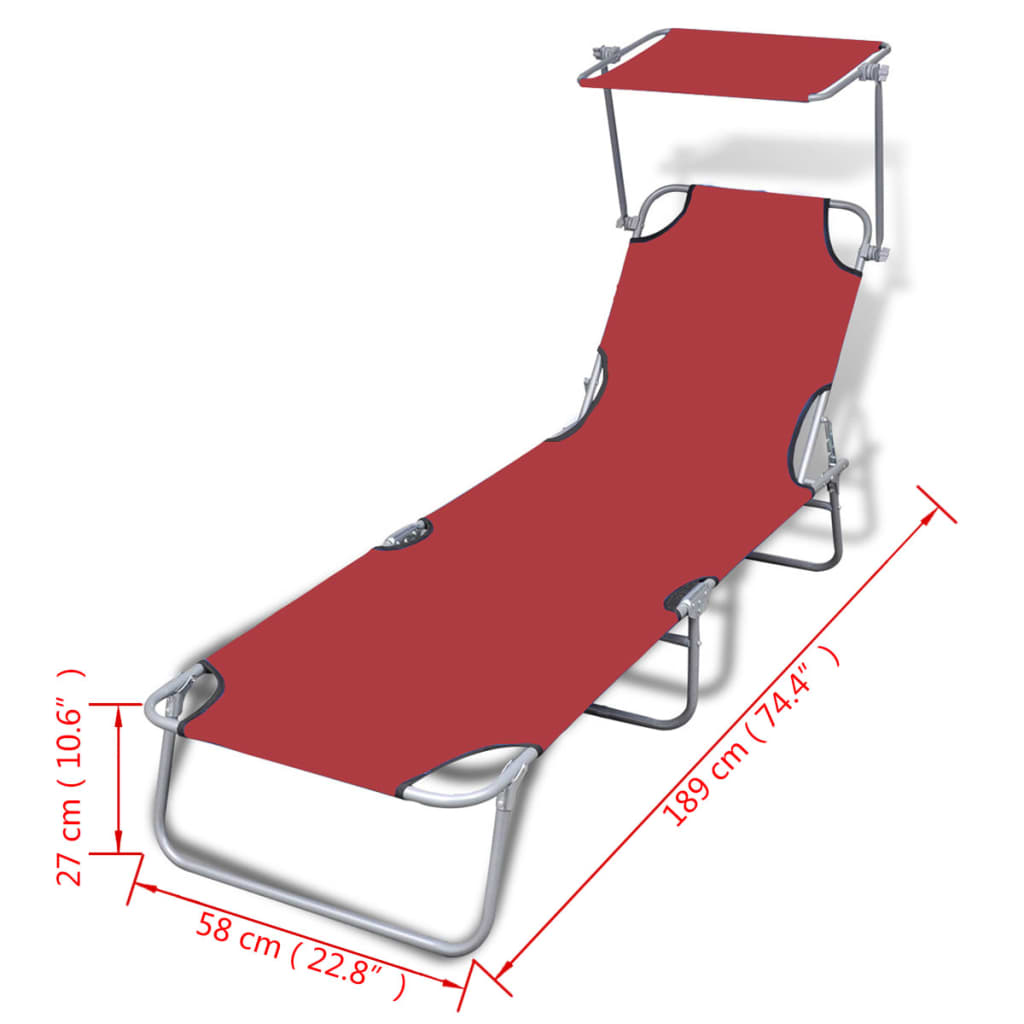 Red Steel & Fabric Folding Sun Lounger with Canopy