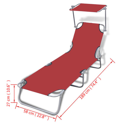 Red Steel & Fabric Folding Sun Lounger with Canopy