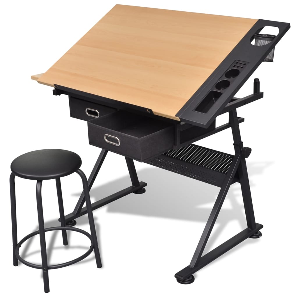 Tiltable Bamboo Drawing Table Set with 2 Drawers & Stool