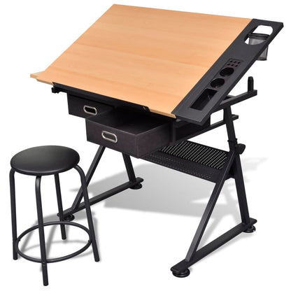 Tiltable Bamboo Drawing Table Set with 2 Drawers & Stool