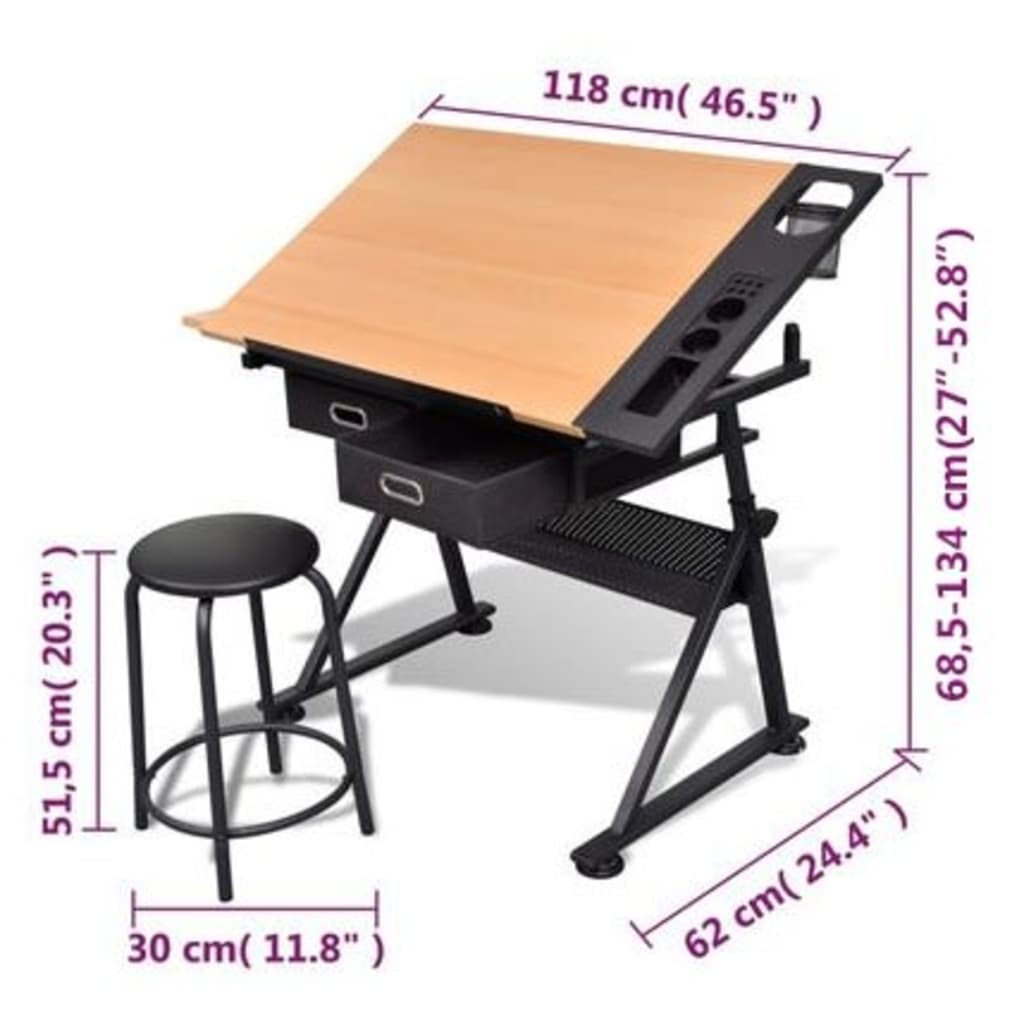 Tiltable Bamboo Drawing Table Set with 2 Drawers & Stool