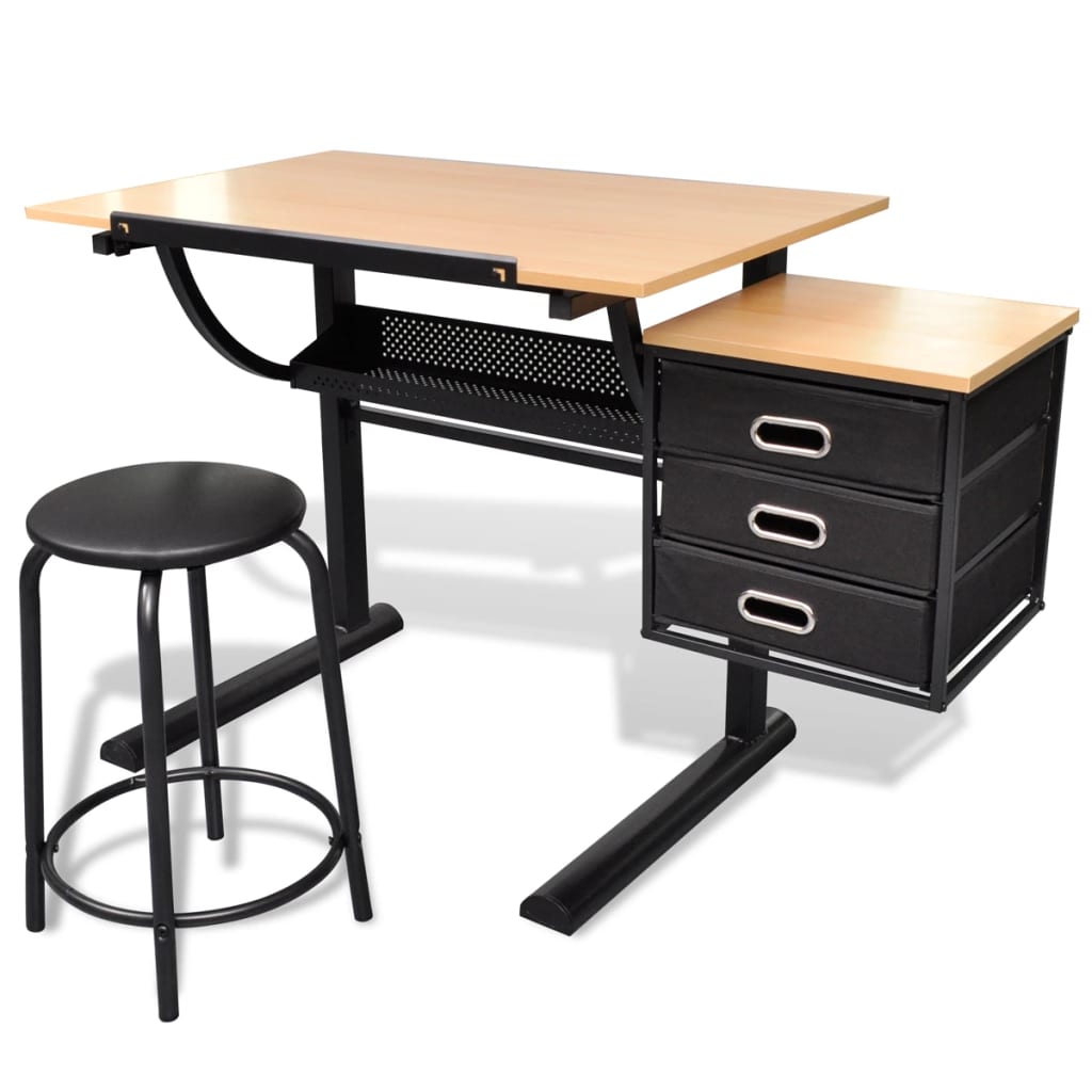 Tiltable Drawing Table with Stool, Three Drawers, Black Finish
