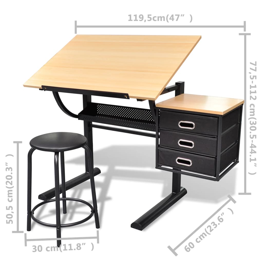 Tiltable Drawing Table with Stool, Three Drawers, Black Finish