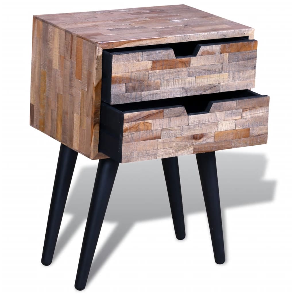 Reclaimed Teak Wood Nightstand with 2 Drawers - Eco-Friendly Design