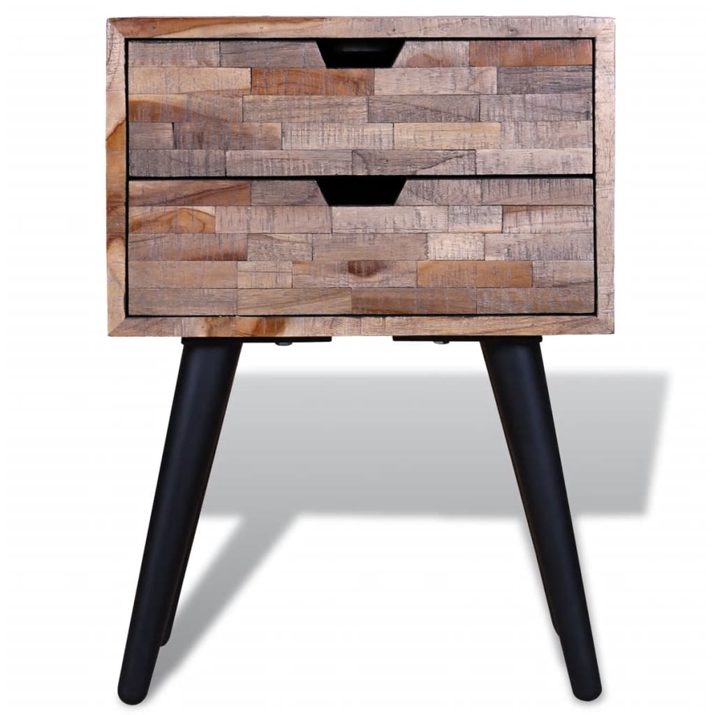 Reclaimed Teak Wood Nightstand with 2 Drawers - Eco-Friendly Design