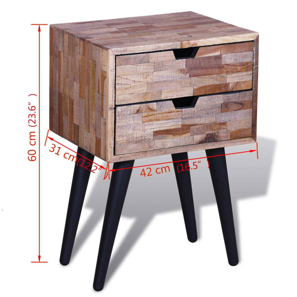 Reclaimed Teak Wood Nightstand with 2 Drawers - Eco-Friendly Design