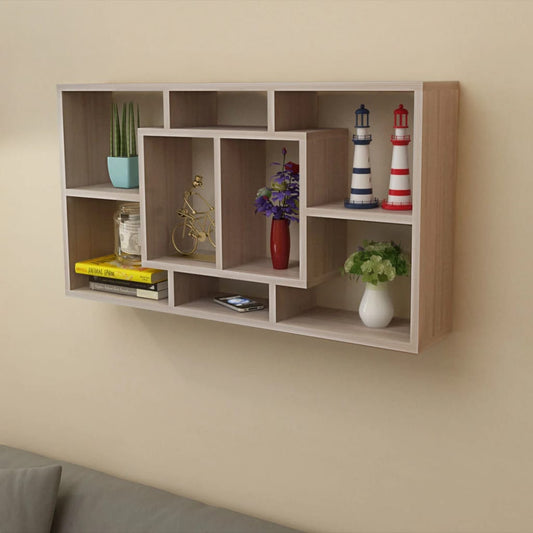 Oak Floating Wall Display Shelf - 8 Compartments, Stylish Storage