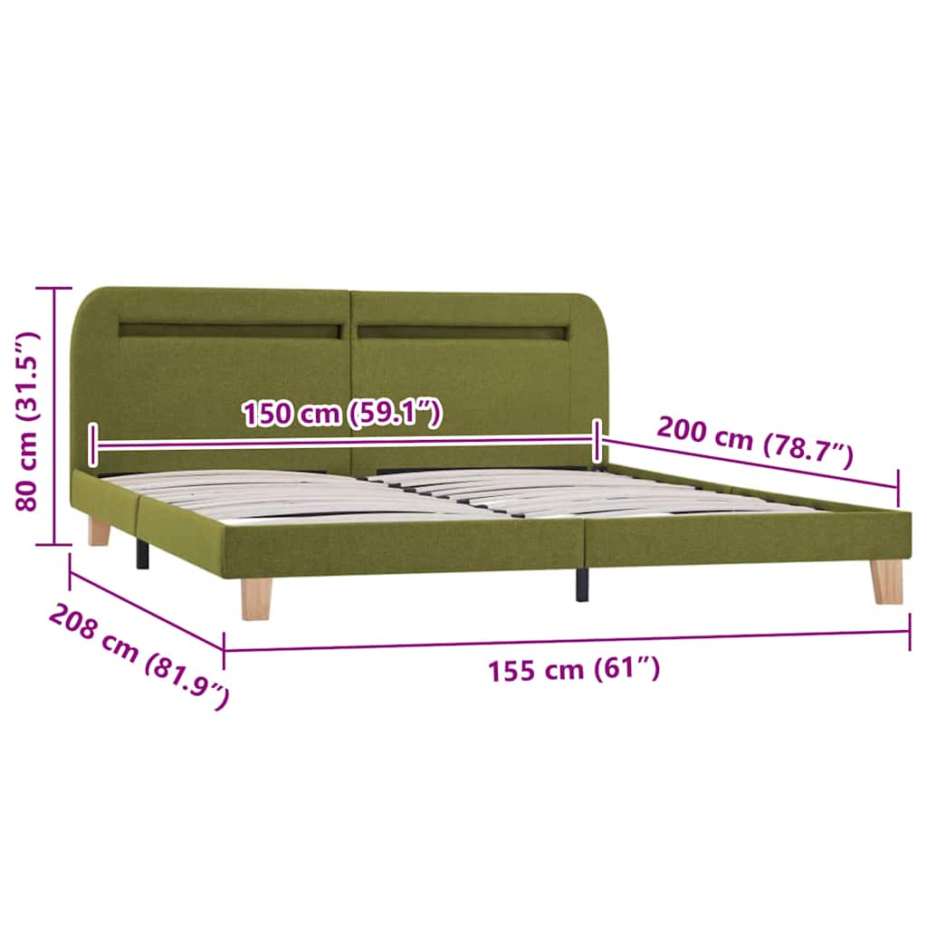 King Size Green Fabric LED Bed Frame 150x200 cm - No Mattress