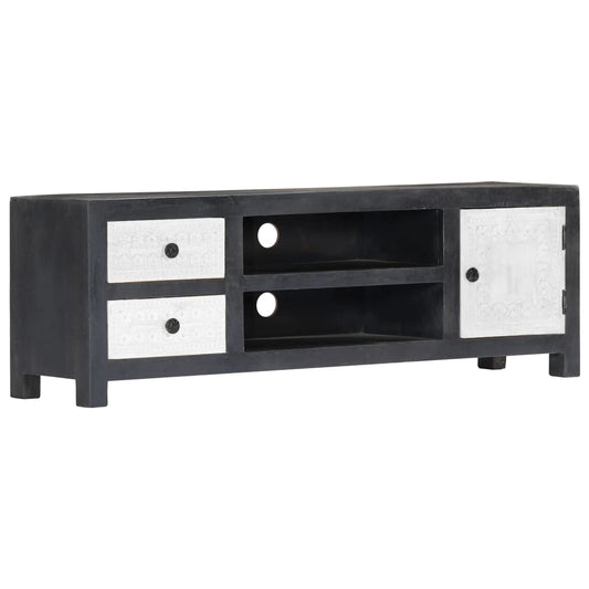 Hand Carved TV Cabinet Grey&White 120x30x40 cm Solid Wood Mango