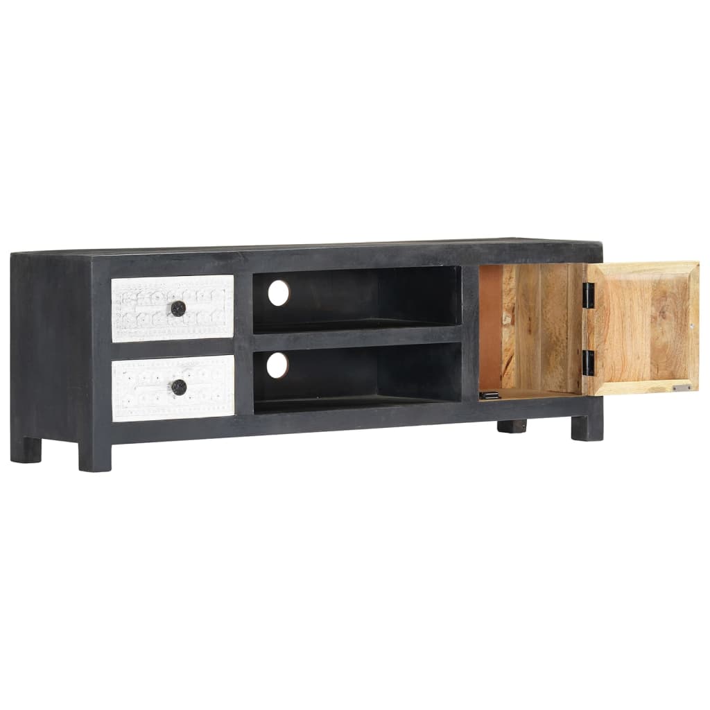 Hand Carved TV Cabinet Grey&White 120x30x40 cm Solid Wood Mango
