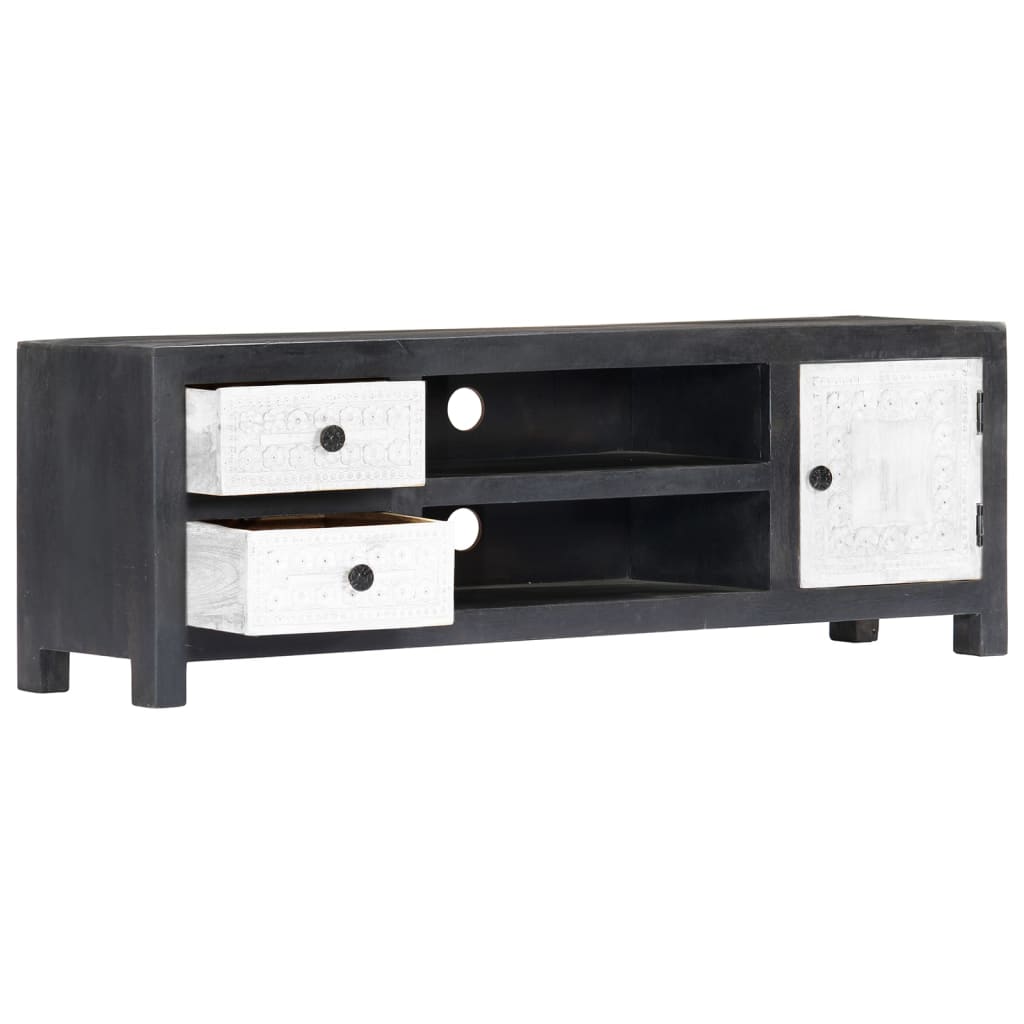 Hand Carved TV Cabinet Grey&White 120x30x40 cm Solid Wood Mango
