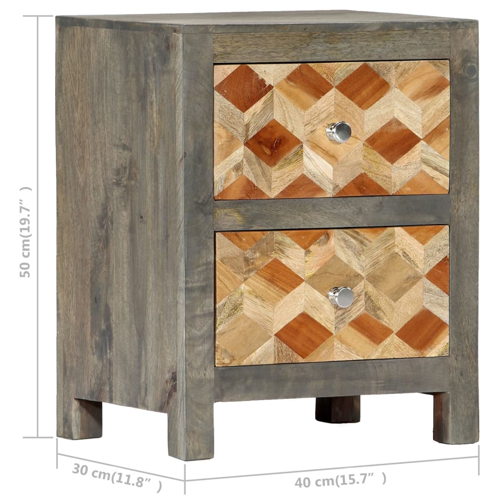 Solid Mango Wood Bedside Cabinet - Grey, 40x30x50 cm