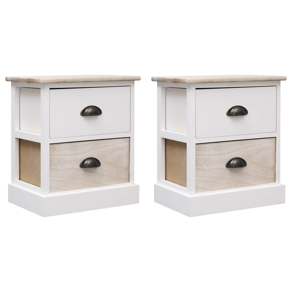 Set of 2 White & Natural Paulownia Wood Nightstands, 38x28x45 cm