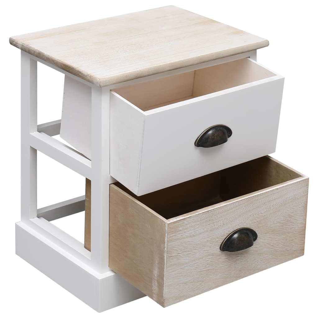 Set of 2 White & Natural Paulownia Wood Nightstands, 38x28x45 cm