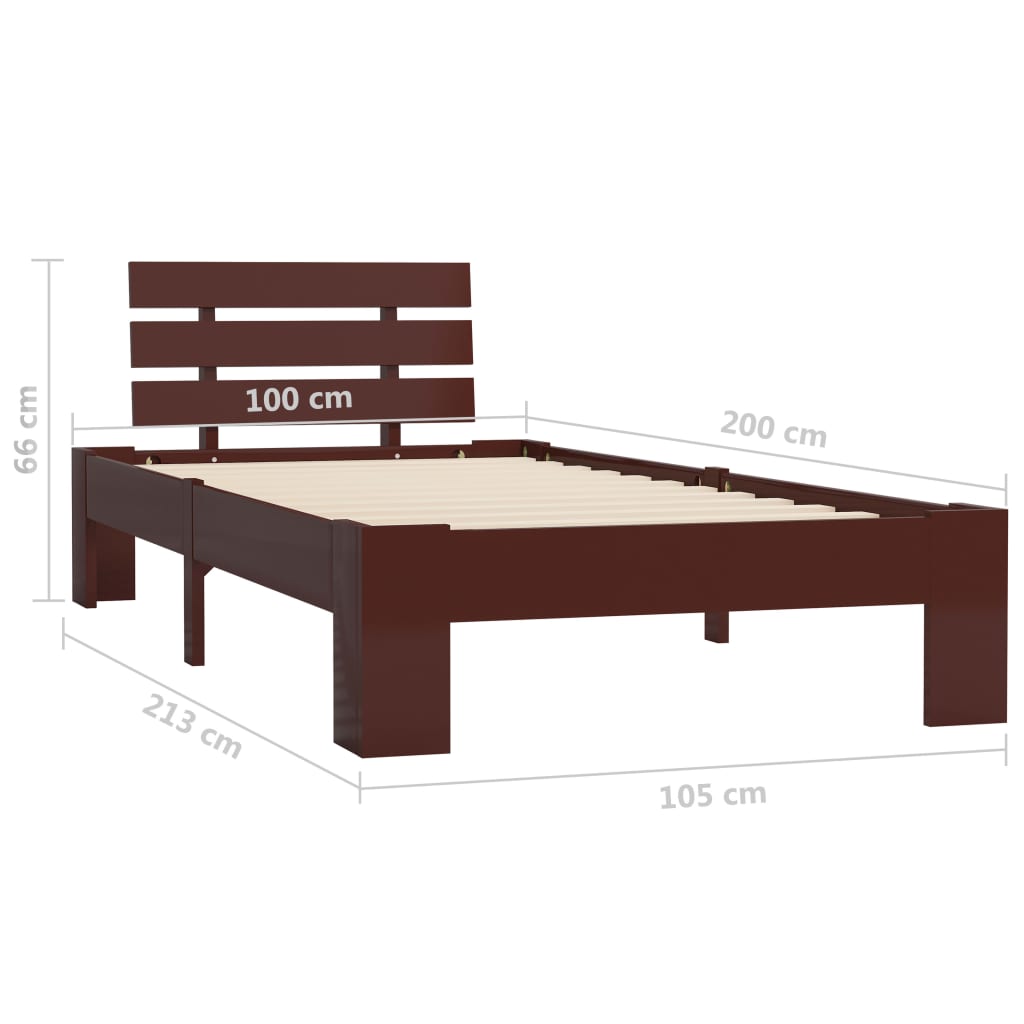 Solid Pine Wood Bed Frame - Dark Brown, 100x200 cm