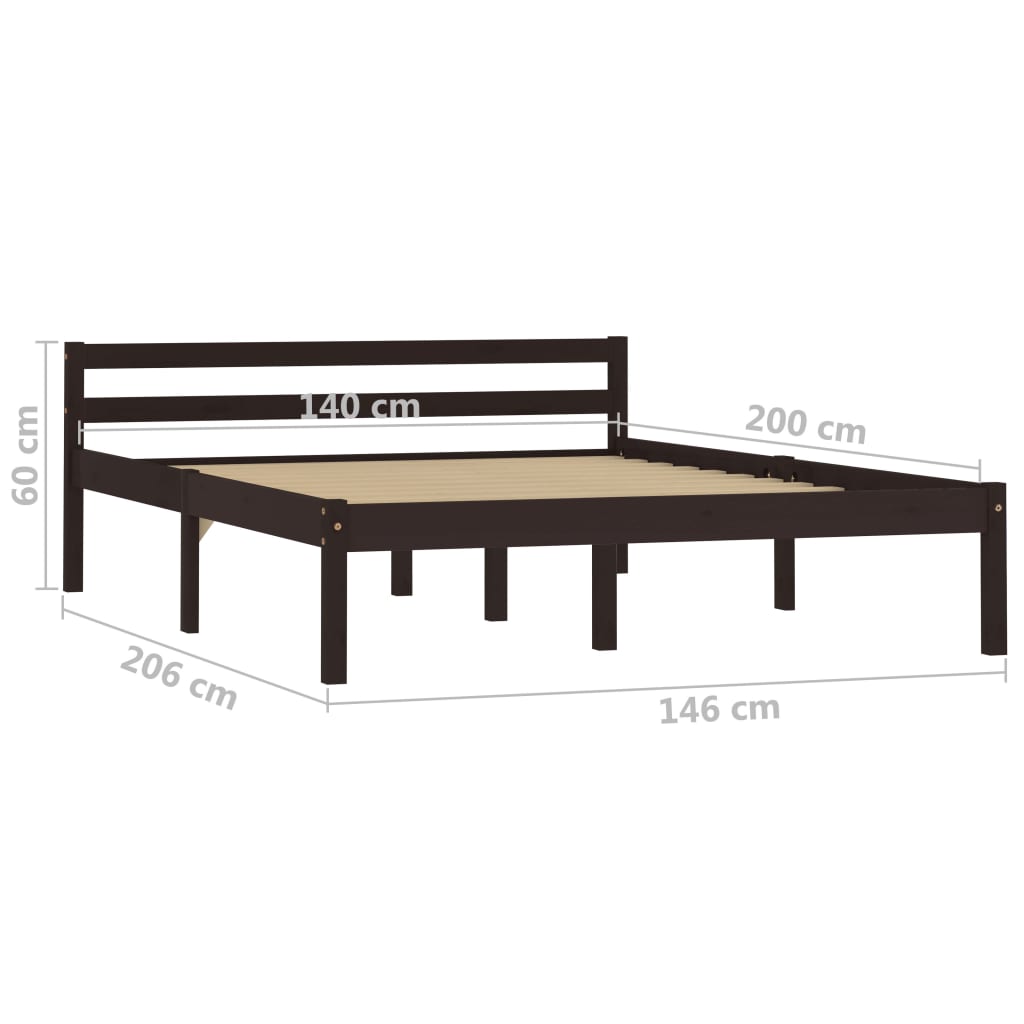 Solid Pine Wood Bed Frame - Dark Brown, 140x200 cm