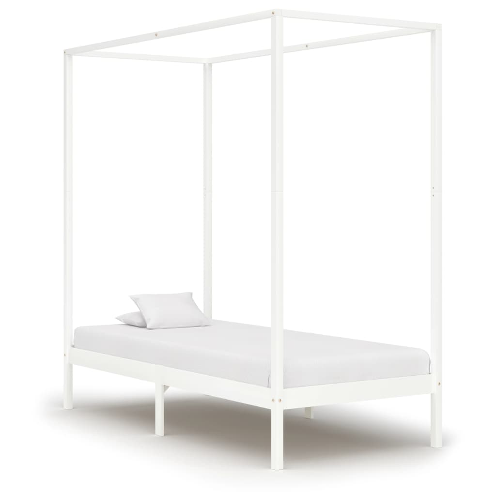 Solid Wood White Canopy Bed Frame 100x200 cm (No Mattress)