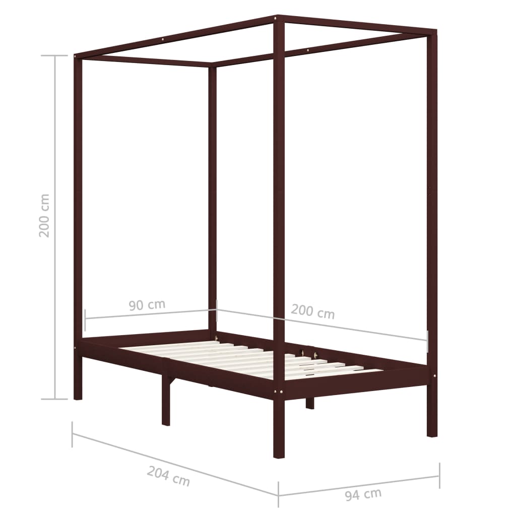 Solid Wood Canopy Bed Frame, Dark Brown, 90x200cm - No Mattress