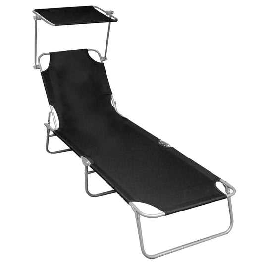 Black Aluminum Folding Sun Lounger with Canopy - Ultimate Relaxation