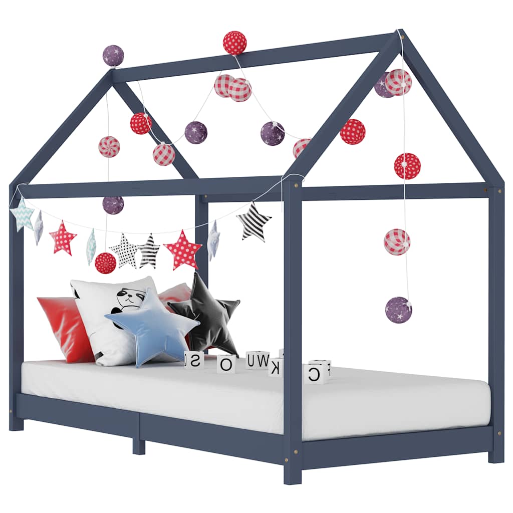 Kids Grey Solid Pine Wood Bed Frame 90x200 cm