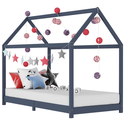 Kids Grey Solid Pine Wood Bed Frame 90x200 cm