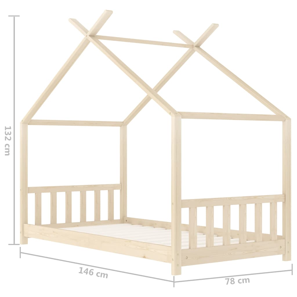 Solid Pine Wood Kids Bed Frame - 70x140 cm, Natural Finish