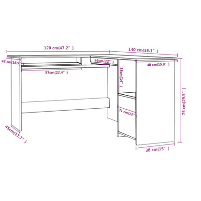 White L-Shaped Corner Desk, Engineered Wood, 120x140x75 cm