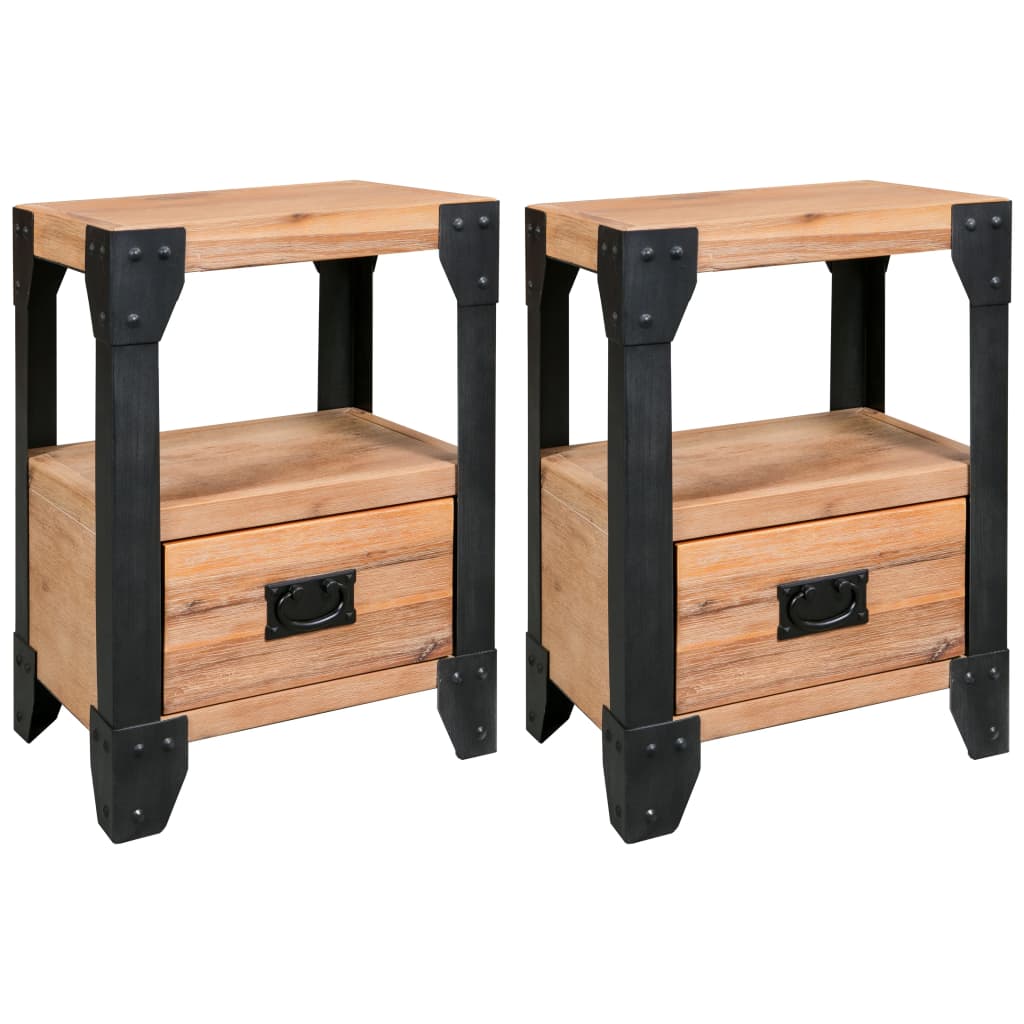 Solid Acacia Wood & Steel Nightstands - Set of 2, 40x30x54 cm