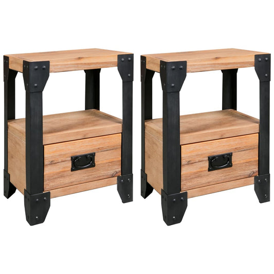 Solid Acacia Wood & Steel Nightstands - Set of 2, 40x30x54 cm