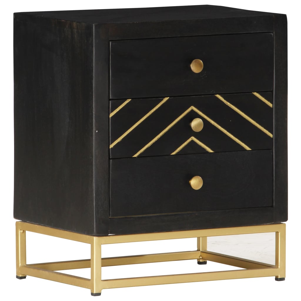 Black & Gold Bedside Cabinet - 40x30x50cm Solid Mango Wood