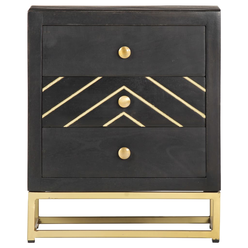 Black & Gold Bedside Cabinet - 40x30x50cm Solid Mango Wood