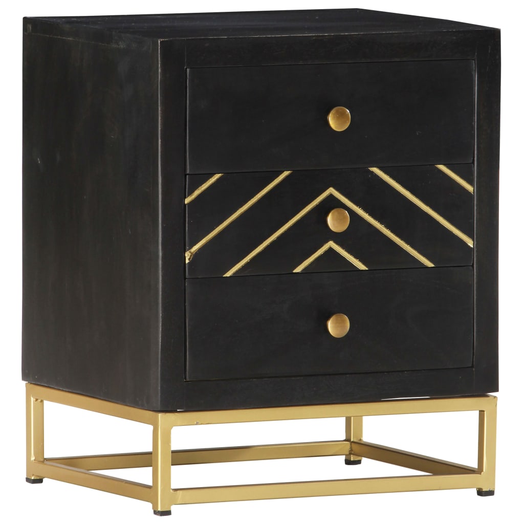 Black & Gold Bedside Cabinet - 40x30x50cm Solid Mango Wood