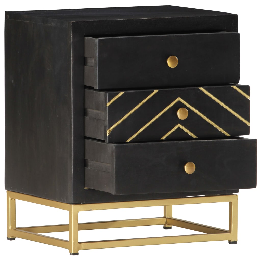 Black & Gold Bedside Cabinet - 40x30x50cm Solid Mango Wood