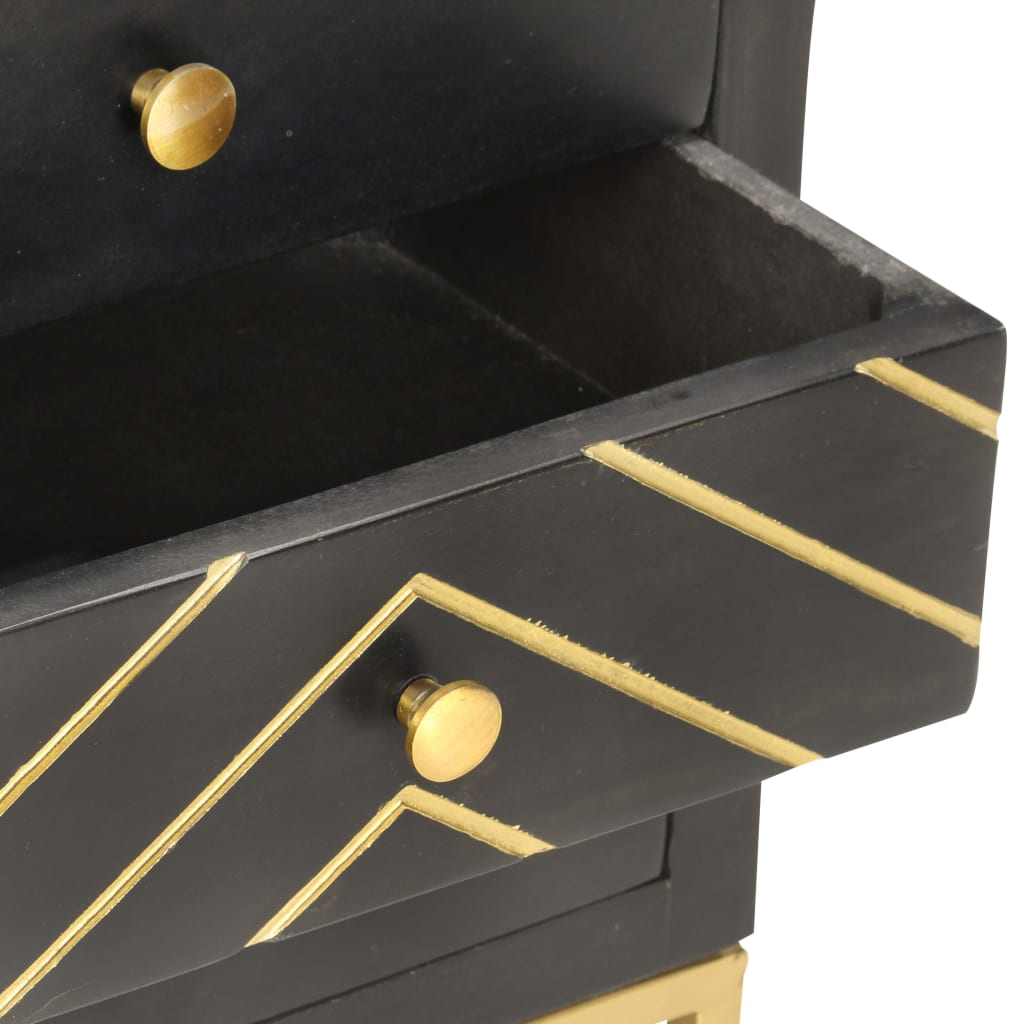 Black & Gold Bedside Cabinet - 40x30x50cm Solid Mango Wood