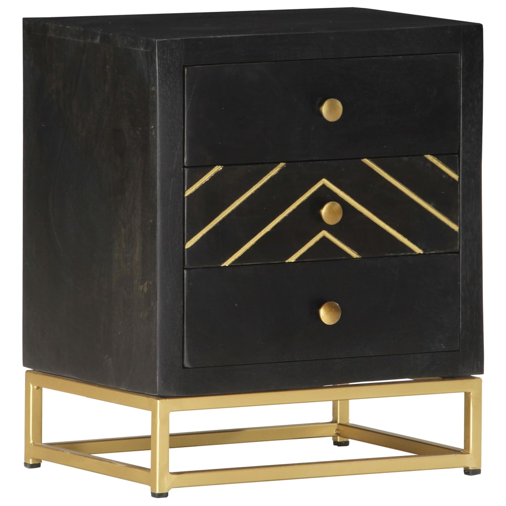 Black & Gold Bedside Cabinet - 40x30x50cm Solid Mango Wood