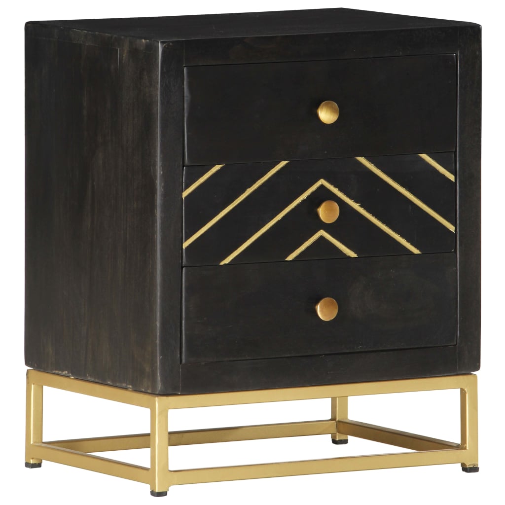 Black & Gold Bedside Cabinet - 40x30x50cm Solid Mango Wood