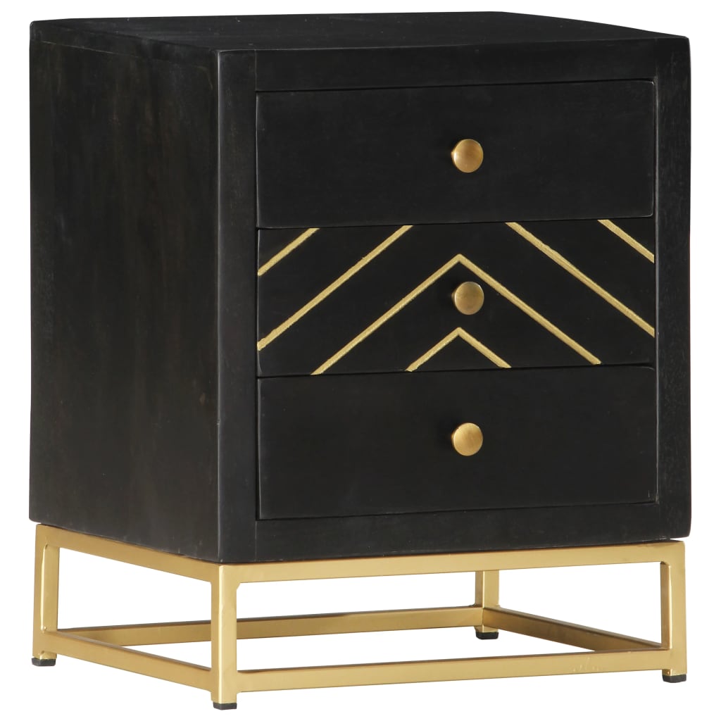 Black & Gold Bedside Cabinet - 40x30x50cm Solid Mango Wood